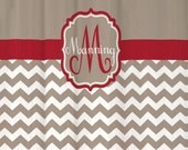 Shower Curtain Taupe Half Chevron with Ribbon Red Accents 69x70" Monogrammed Personalized Custom for Your Bathroom
