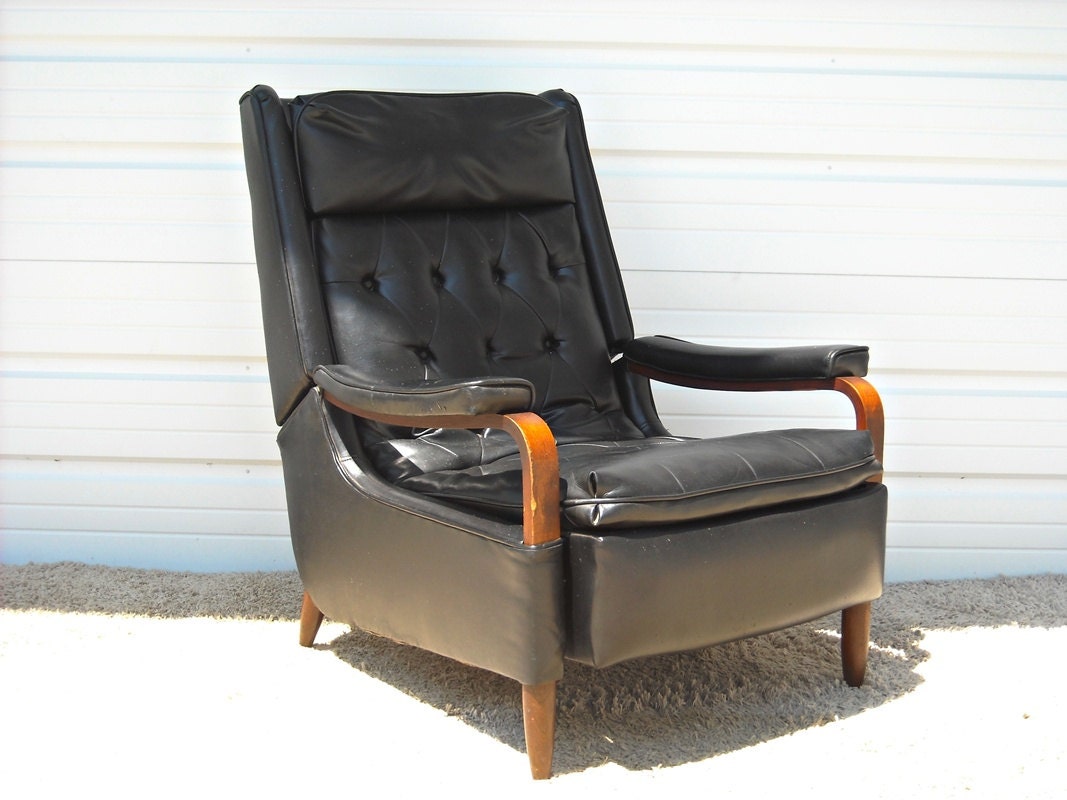RESERVED Mid Century Danish Modern Lounge Chair Recliner Black Leather Milo Baughman Eames Era FREE Shipping