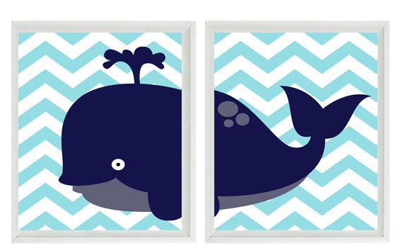 Whale Chevron Wall Art Print  - Navy Blue Aqua- Nautical Nursery Children Room Home Decor (2) 11x14 Prints