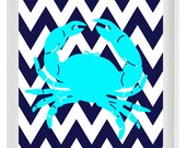 Nautical Nursery Chevron Crab Art Print Set - Beach Aqua Navy Blue - Children Room Beach House- Wall Art Home Decor 8x10