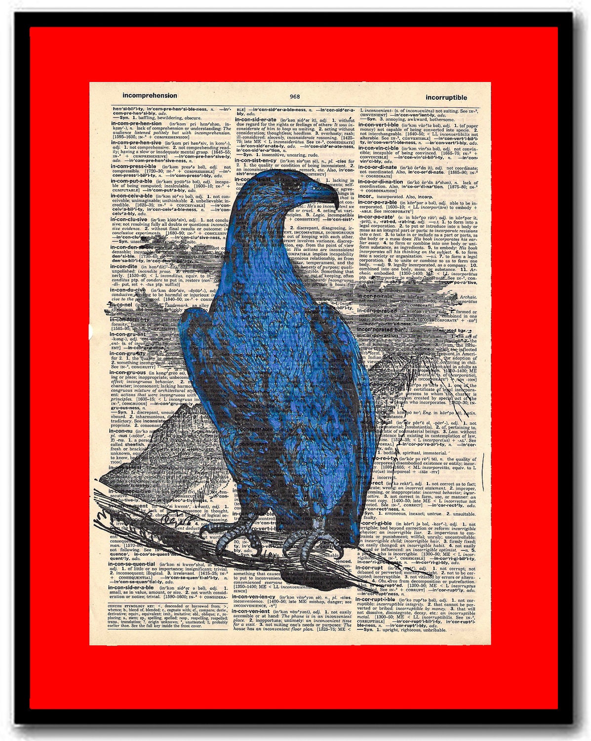 Blue Nights  - Mixed Media, A Handmade mix of design, Vintage Dictionary Page, Acrylic, Ink and more than that, Feelings.