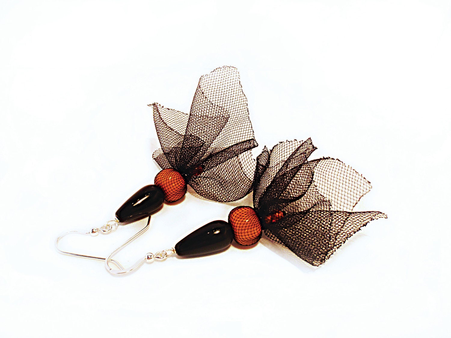Orange glass Black onyx earrings Black veil flower bells earrings Orange black earrings with onyx  OOAK  Israeli Jewelry
