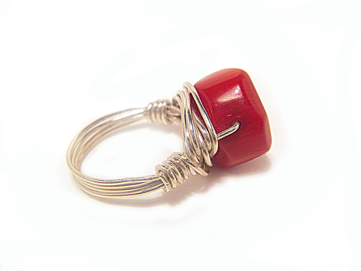 Red coral ring Bamboo Coral Red ring  Silver Wire wrapped red Coral Ring Israeli jewelry
