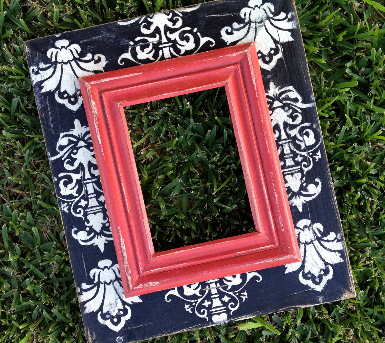 black & white distressed damask 5x7 frame with red colonial trim --table top or wall hang option