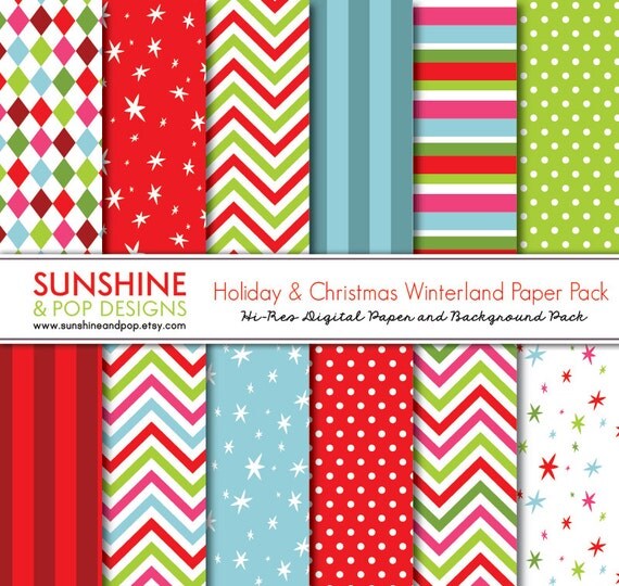 INSTANT DOWNLOAD - Christmas Holiday Patterns Digital Paper Pack - chevron and stipes perfect for scrapbooking, cards, invitations, tags Il_570xn
