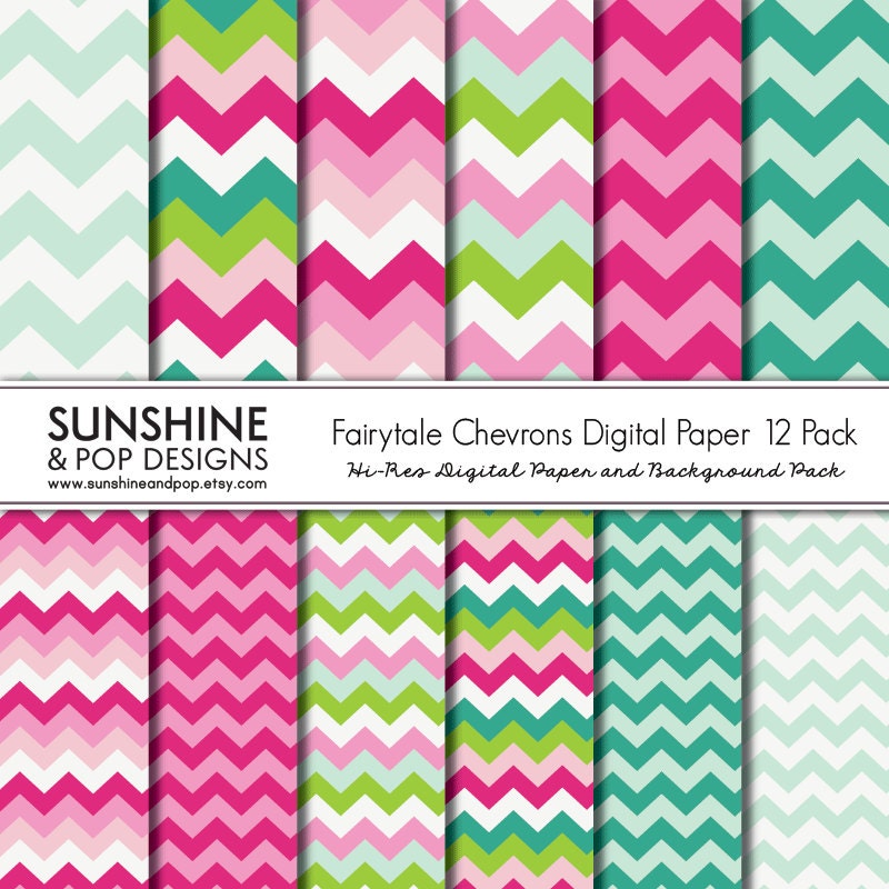 INSTANT DOWNLOAD - 12 Digital Papers Pink and Teal Chevron Pattern perfect for scrapbooking, invitations, baby shower decorations Il_570xn