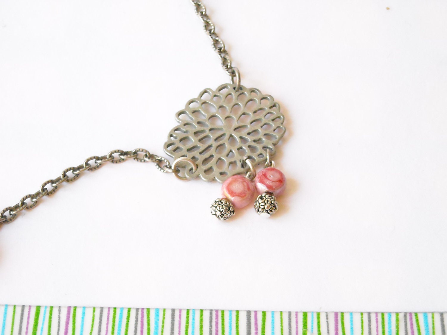 Handmade chain necklace, with  wooden beads and charms, pink