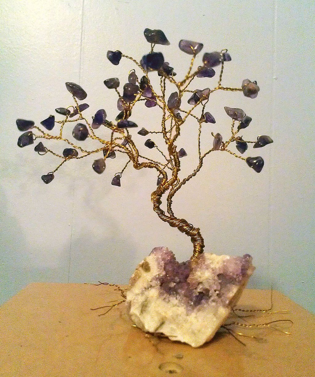 Wire GEM STONE TREE Sculpture // dark purple Amethyst Gems on Light Amethyst Rock Base