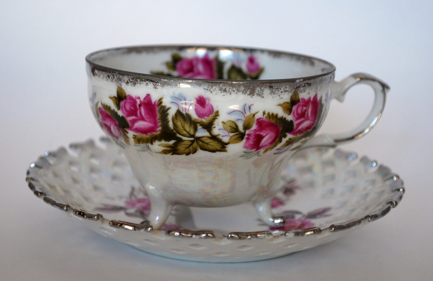 Fred Roberts Co. San Francisco China Pink Rose Opalescent Tea Cup and Saucer- Japan