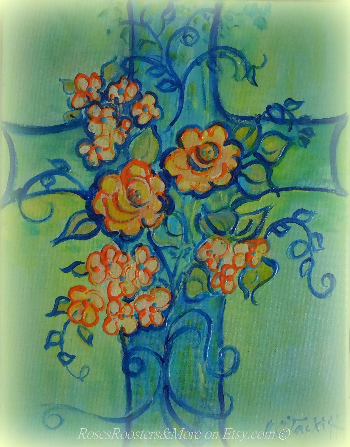 CROSS With Flowers Painting - 11 x 14, Original, Signed by artist, Wrapped gallery canvas - Acrylic with Texture