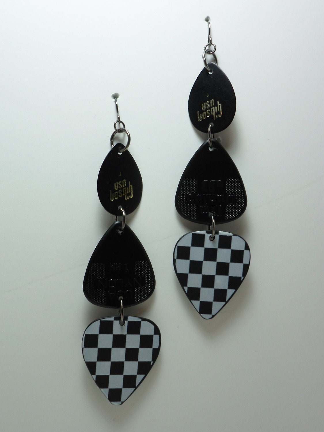 Guitar Pick Earrings, Silver, Black, and White