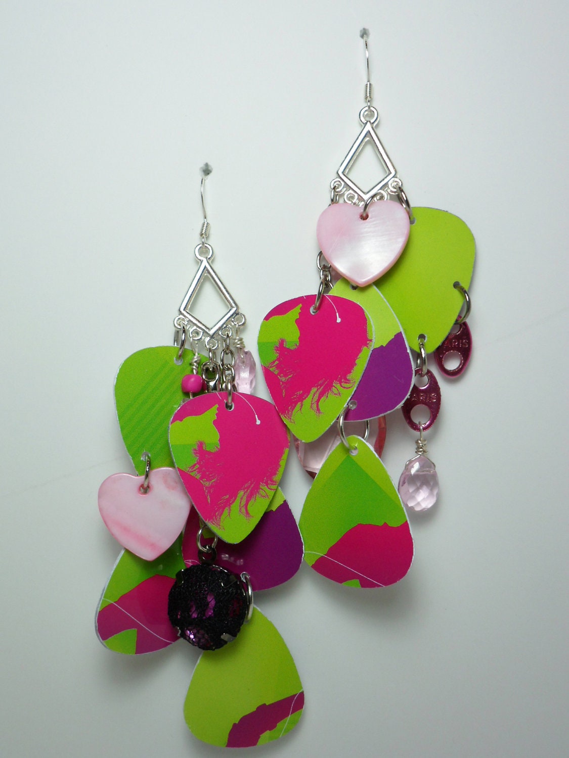 Pink and Green Guitar Pick Earrings