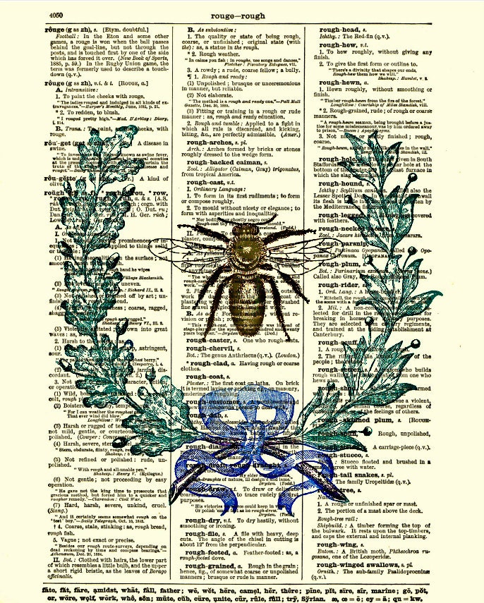 French Wreath with Bee and Acorns on Antique Dictionary Page, Bee Wreath, Mixed Media Art Print Wall Decor