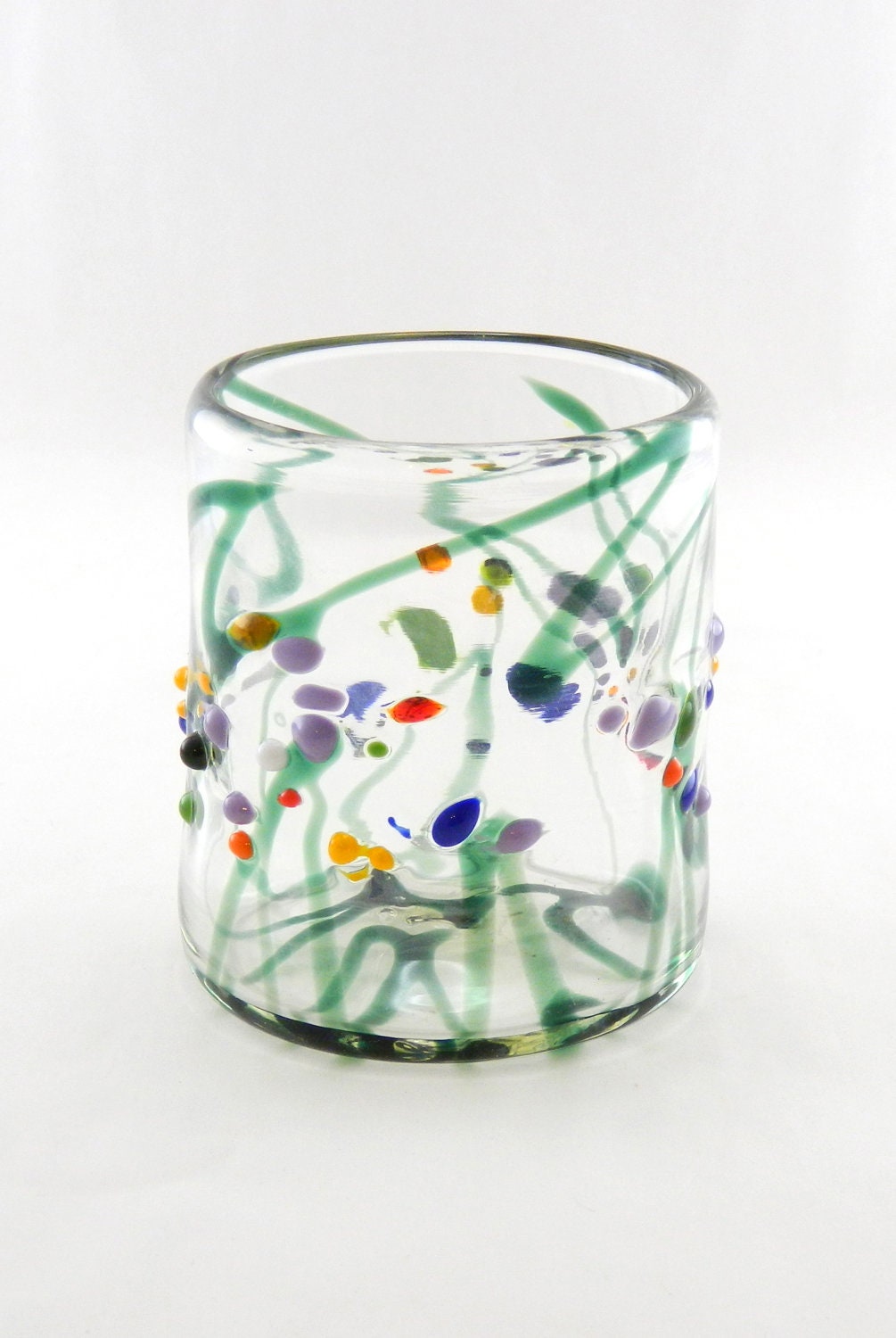 Hand Blown Glass Tumbler Art Glass Green Striped by MOODYGLASS