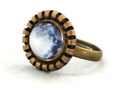 10% SALE Ring Full Moon Glass Art Ring Picture Vintage Button Cute Design Copper Circle Shape