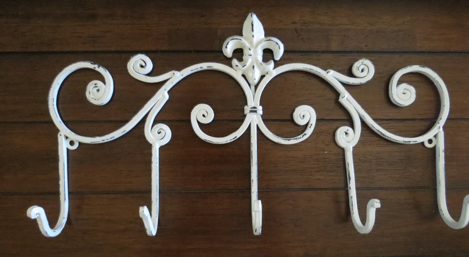 Iron Wall Hook /Antique White / Fleur de lis metal decor/ Key Hanger/ Painted Coat Rack/ Towel Holder