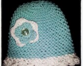 Crocheted Aqua & White Flower Beanie