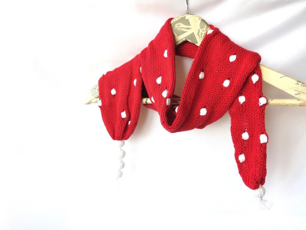 Hand Knitting Polka Dot Scarf,  Red and White  Cotton Yarn, Knit Knobs, Cozy Handmade Accessories,  Christmas Gift
