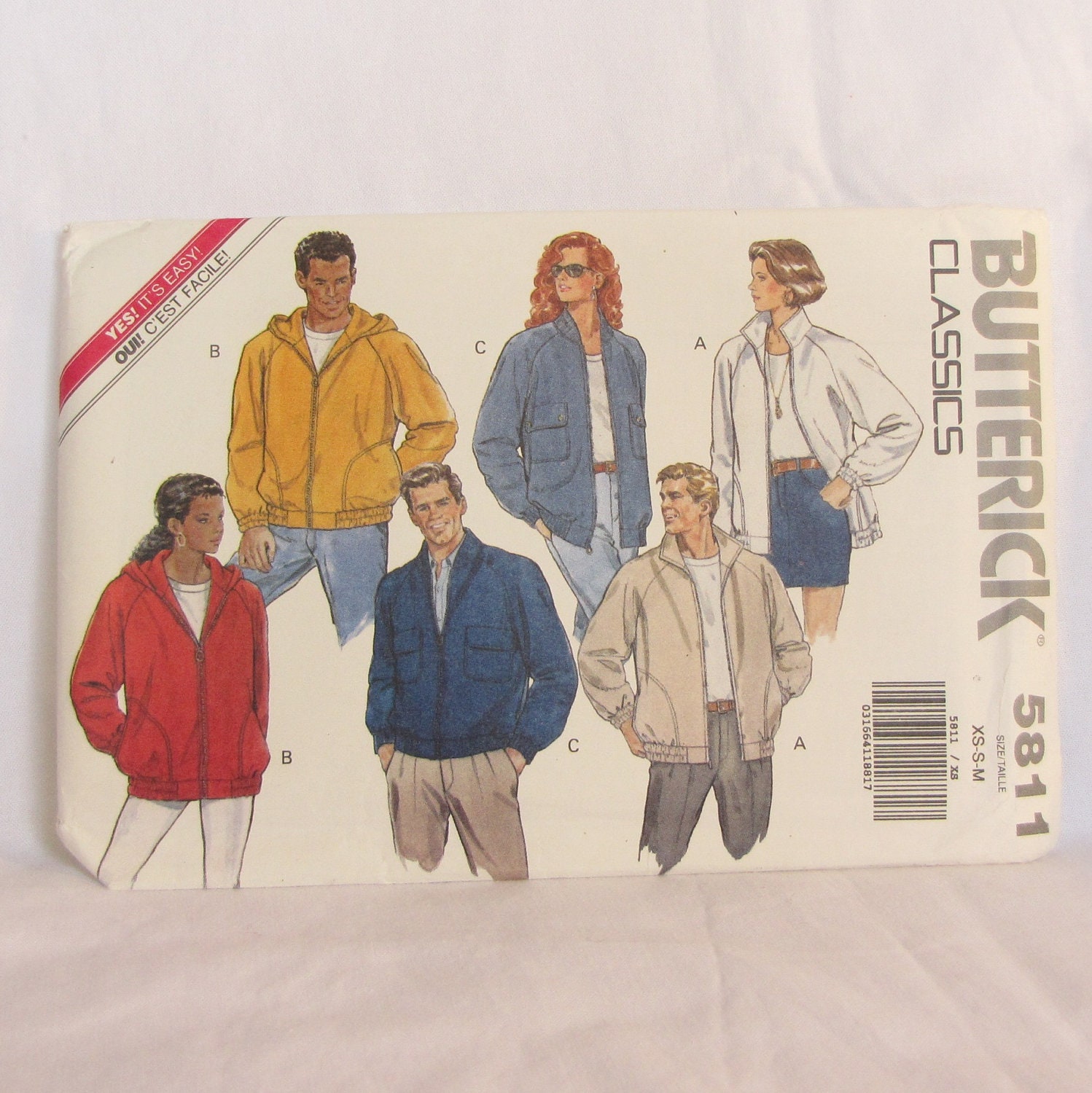 Butterick 5811 Vintage Un-cut Pattern Mens Womens Hoodie Jacket Unlined XS-S-M  Easy, Collar Hood Pocket Variations 1991