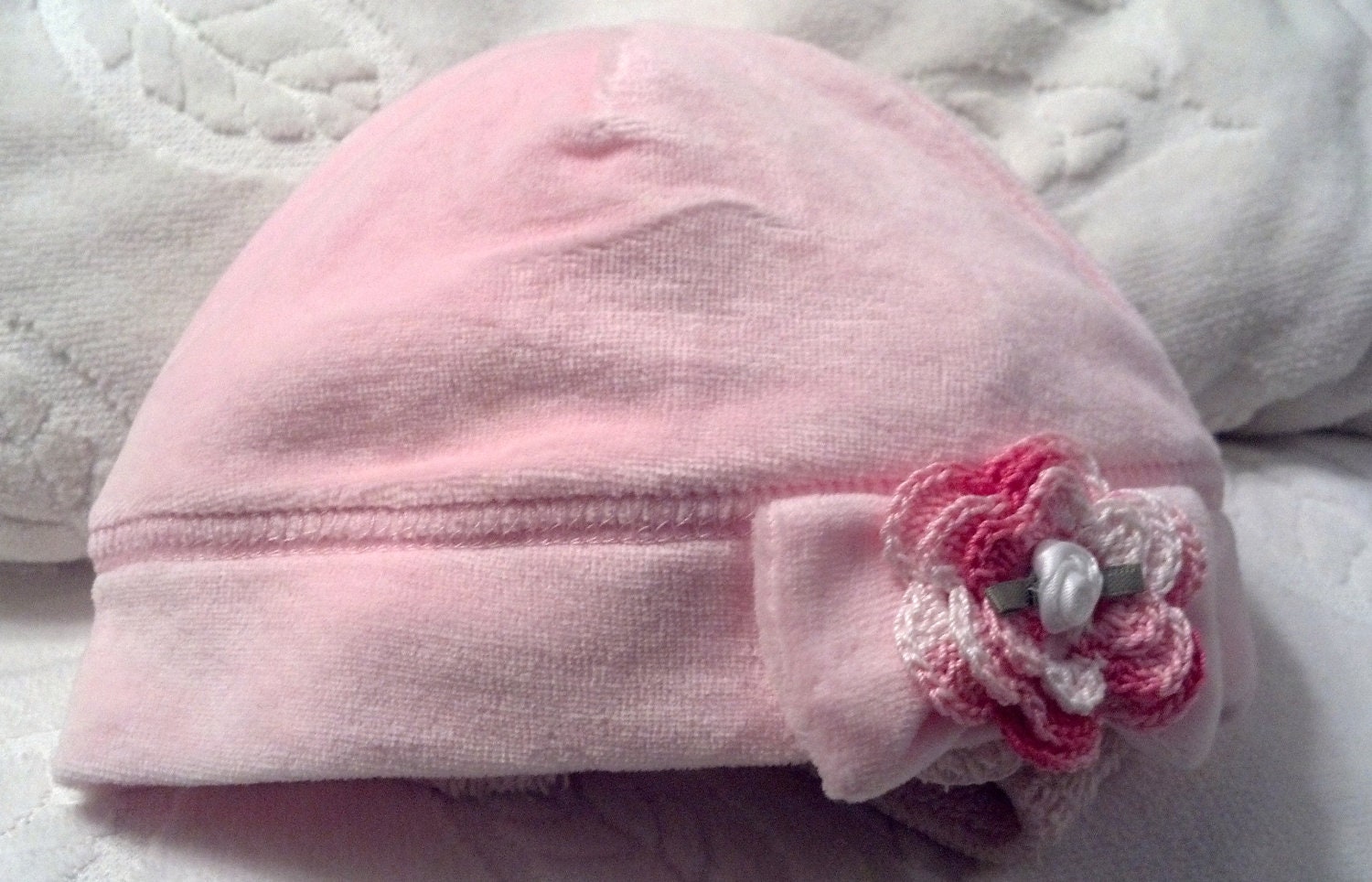 Baby Girls Infant Velour Beanie Cap Hat  - Handmade Irish Rose -  Light Pink - Sizes 0-6 and 6-12  months