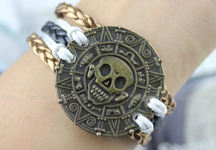 Skull Bracelet - gold leather Bracelet wax attachment Bracelet, Skull Bracelet Day Of The Dead Jewelry Halloween gifts