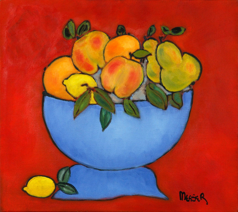 Blue Bowl of Fruit, Limited Edition Fine Art Giclée from Original Oil Painting in Impressionist Style by Arthur Messer
