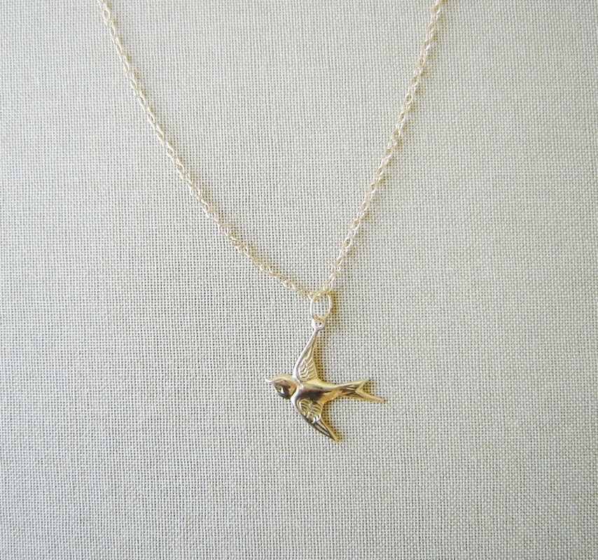 Tiny Swallow. Modern Jewelry. Simple 14K Gold Filled Necklace. Gold Filled Tiny Sparrow Pendant. Tiny Pendant