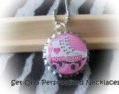 5 personalized ROLLER SKATES peace love skate skating bottlecap necklace birthday party favors goody loot bags