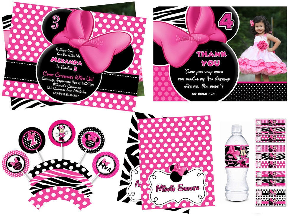 ANY DESIGN Minnie Mouse Invitation Party Pack, Pink And Black Zebra Minnie Mouse Invitation Water Bottle Labels Food Tents and More