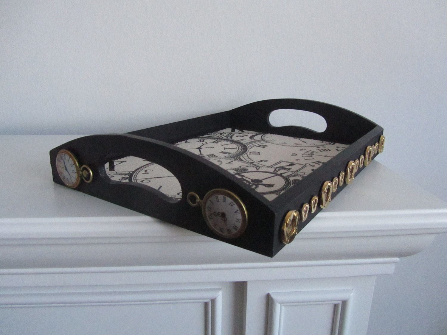 Wooden Tray with Clock,Gold Buttons and Canvas, Black - Home Decor