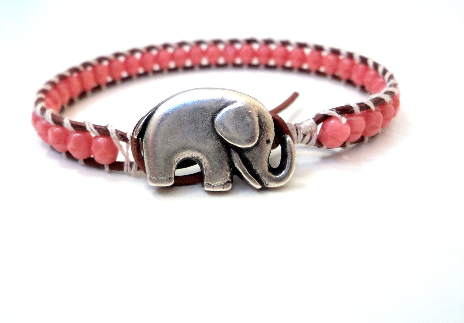 FREE SHIPPING Good Luck Elephant Button Charm Leather Wrap Faceted Round Czech Glass Beads Bead Bracelet
