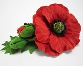 Make to order. Hair clip polymer clay flower. Red Poppy.