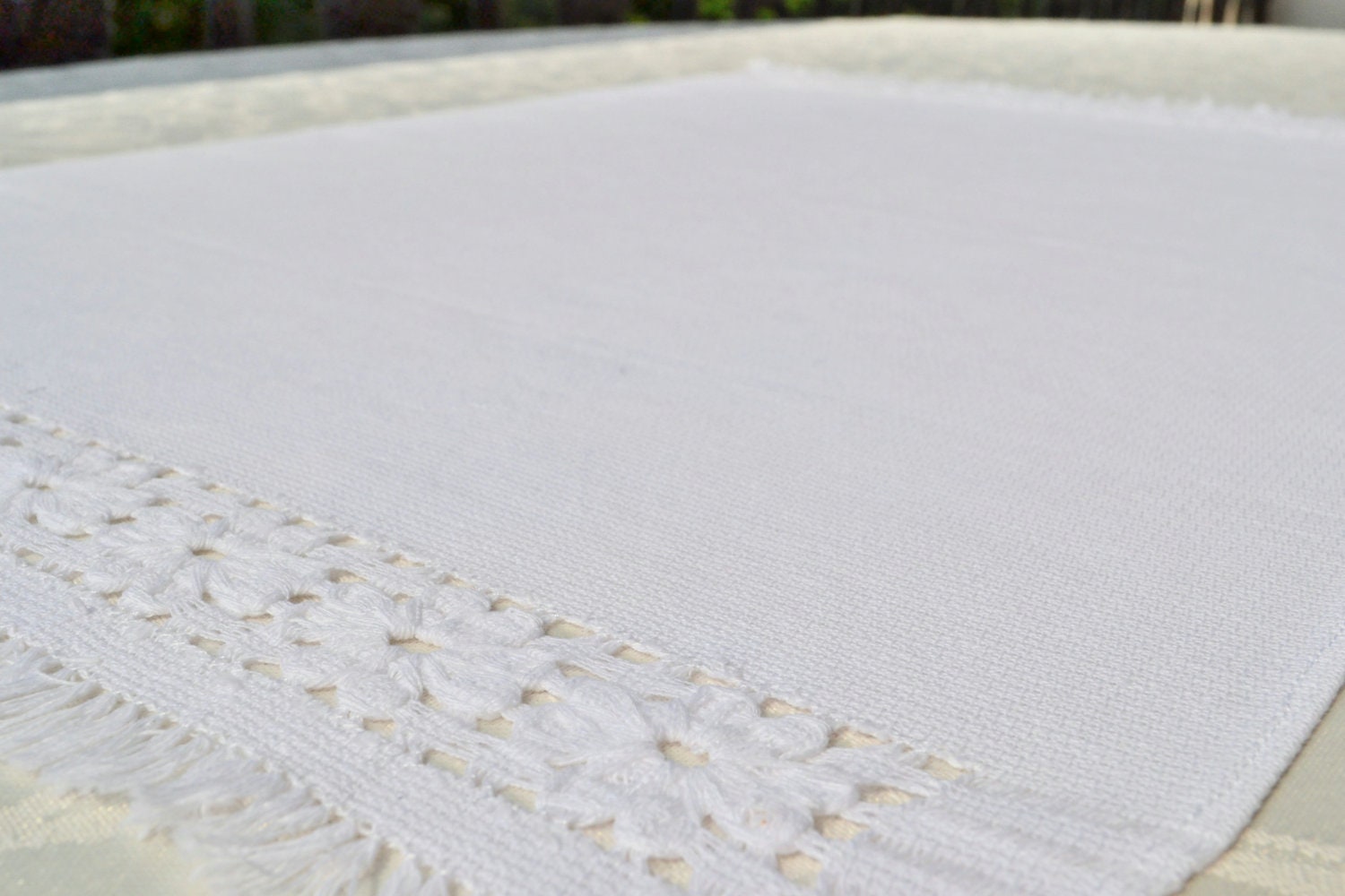 Cotton Cloth Placemats in pure white with embroidery - Handmade Hemstitch Embroidered White Place Mats- Set of 4