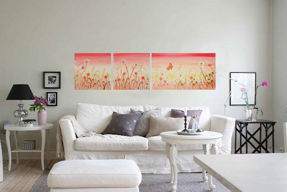 Landscape DANDELION Large Floral Painting on canvas Red Gold art wall KSAVERA " 5-6" 16"x64" Original Abstract Flowers Acrylic Contemporary