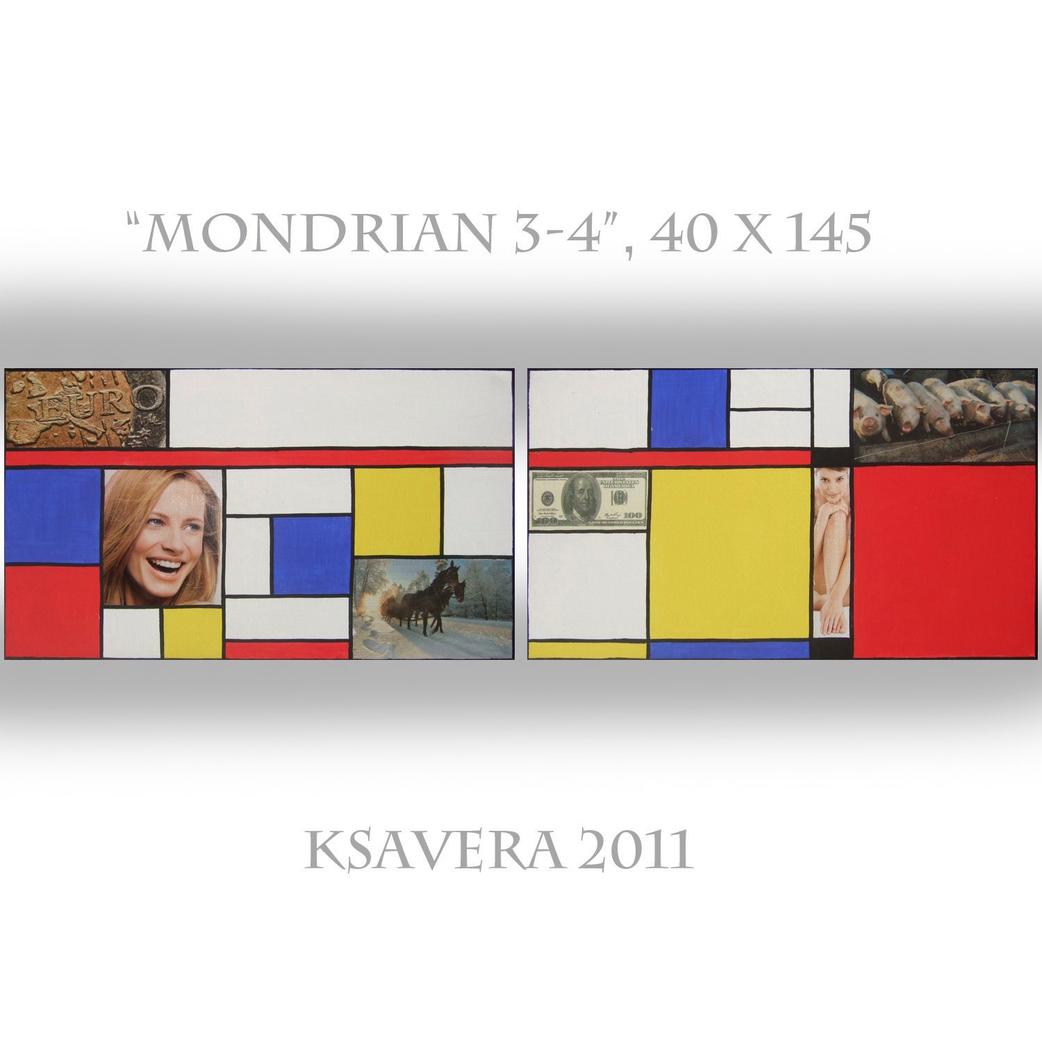 Mondrian Minimalist art Money Collage Abstract Painting on canvas Dollar KSAVERA 16x58 Original mixed media office decor mid century modern