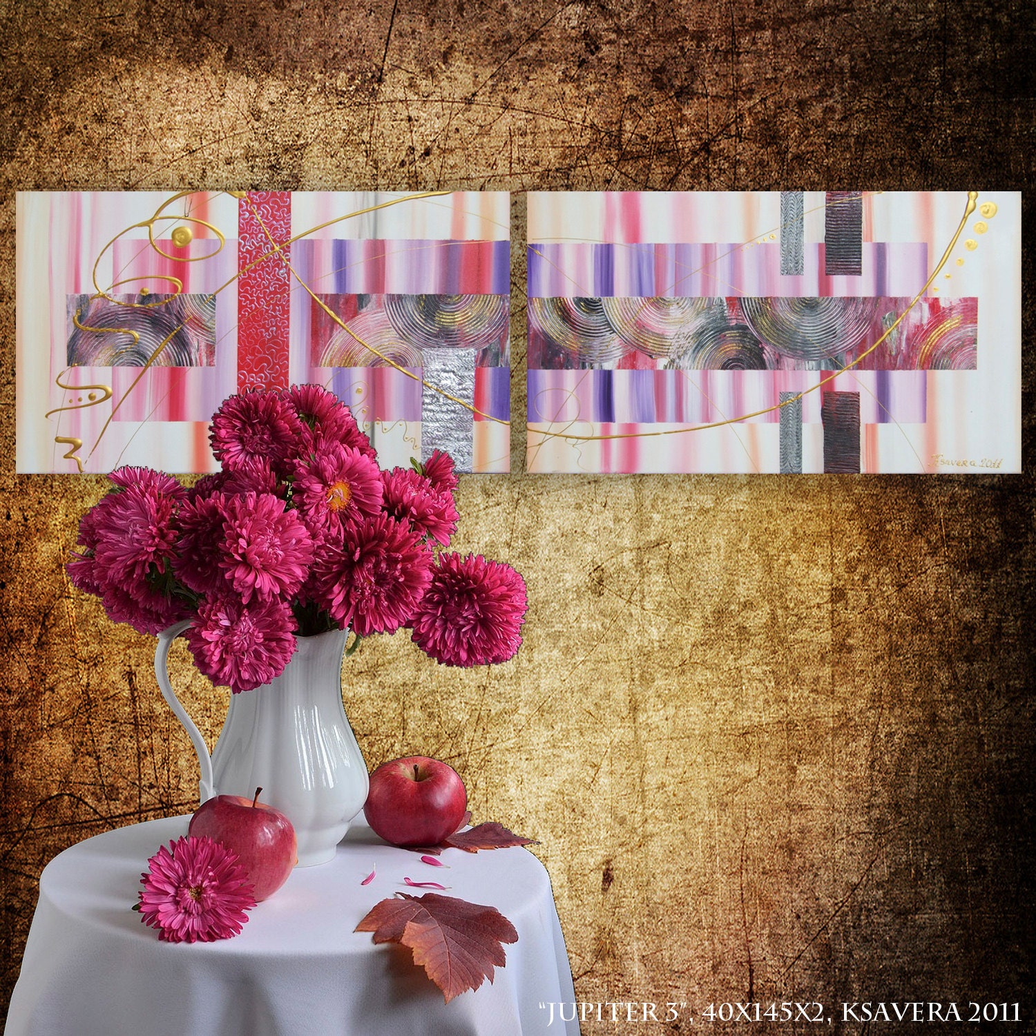 Modern Art for office Pink Abstract Paintings on canvas Wall Decor  KSAVERA "Jupiter 3" Original Acrylic 16x58 Painting Raspberry Lavender