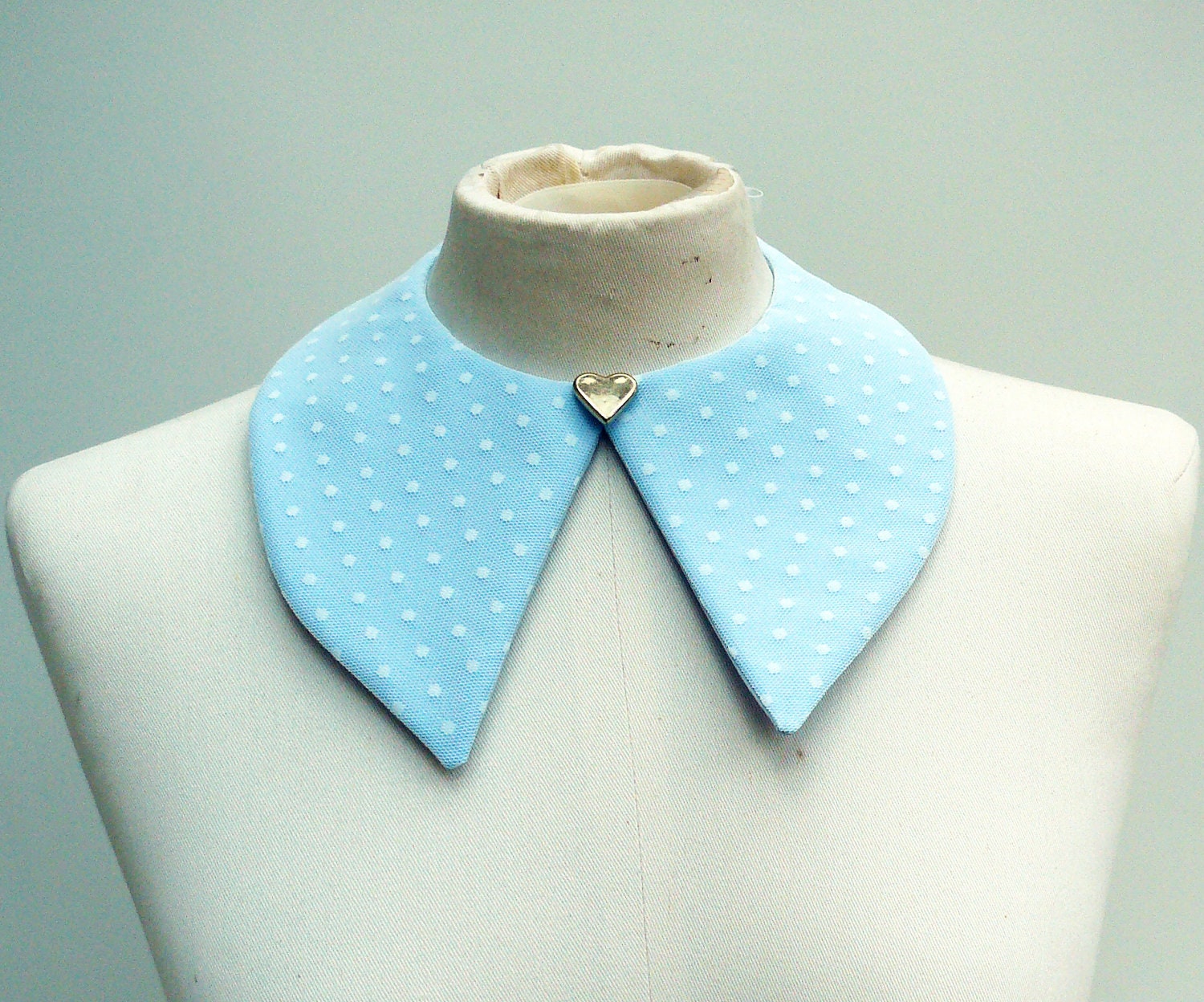 Oversized pointy handmade baby blue and white polka dot peter pan collar, with gold heart button - One size