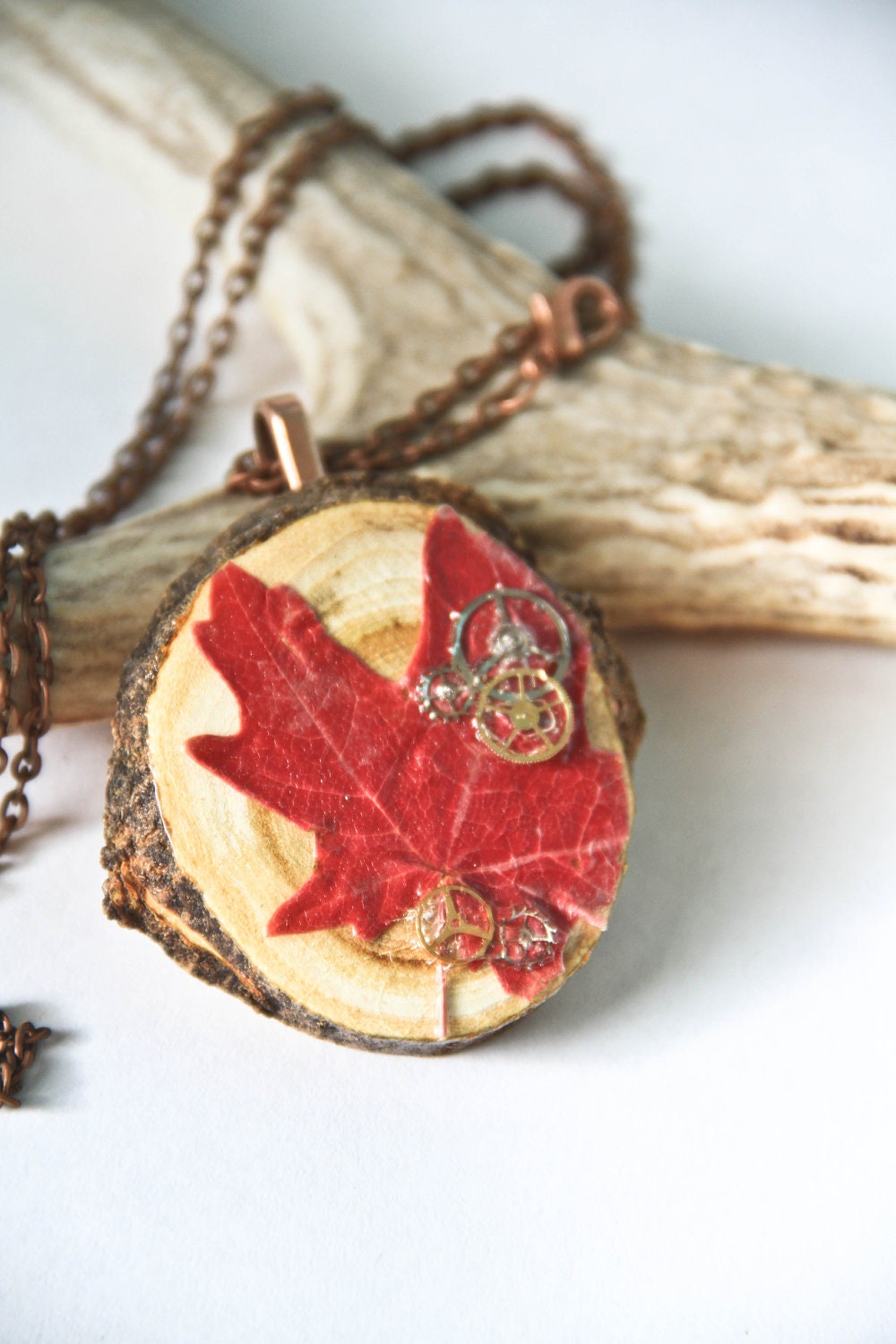 Maple Leaf Necklace OOAK pressed red leaf with antique watch gears