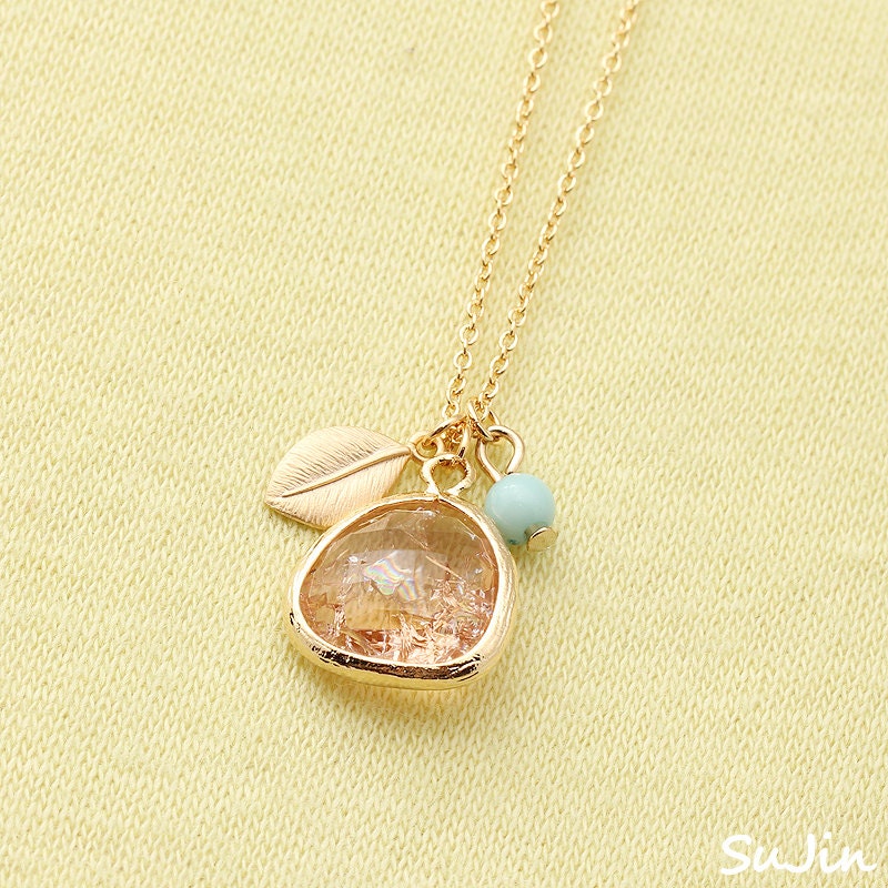 10%SALE)  Crushed Champagne Framed CZ with Mini Leaf and Light Blue Bead, Gold Plated, Necklace