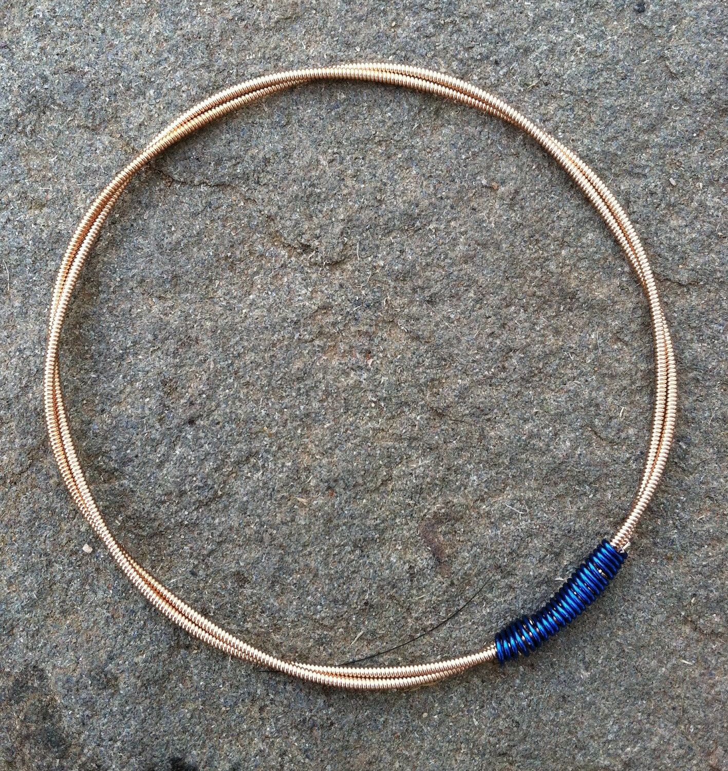 Recycled/Reused Guitar String Jewelry Simple Gold Bangle Stacking Bracelet with Blue Accent Wire - Ship Anywhere Free Shipping