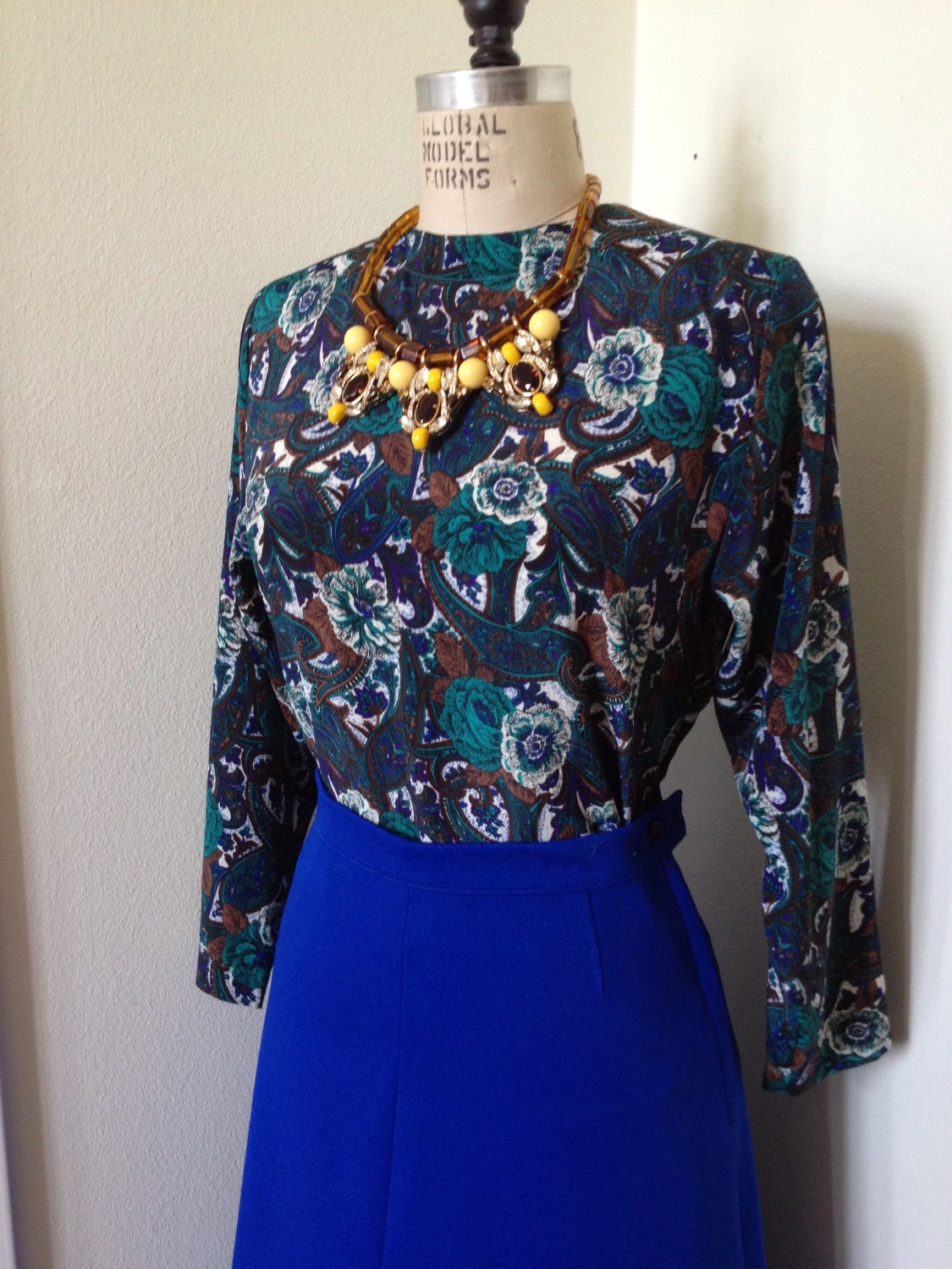 25% sale: Vintage Blue, Green, and Brown Floral and Paisley Print Long-Sleeved Top