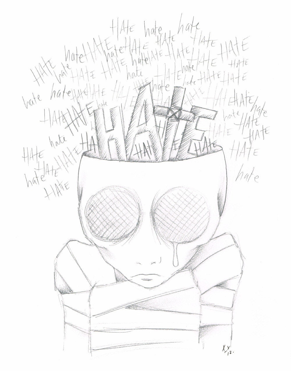 Original Illustration, Zombie, Hate, Picture, Art, Pencil, 24 x 32 cm, Fly, Horror, Gothic, Mummy, Skull, Tattoo Design