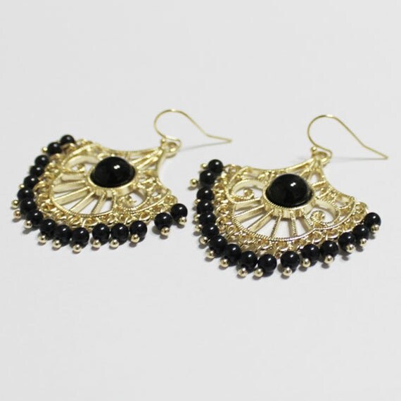 Items similar to Gold Fanshaped Earrings, Black Beads Earrings