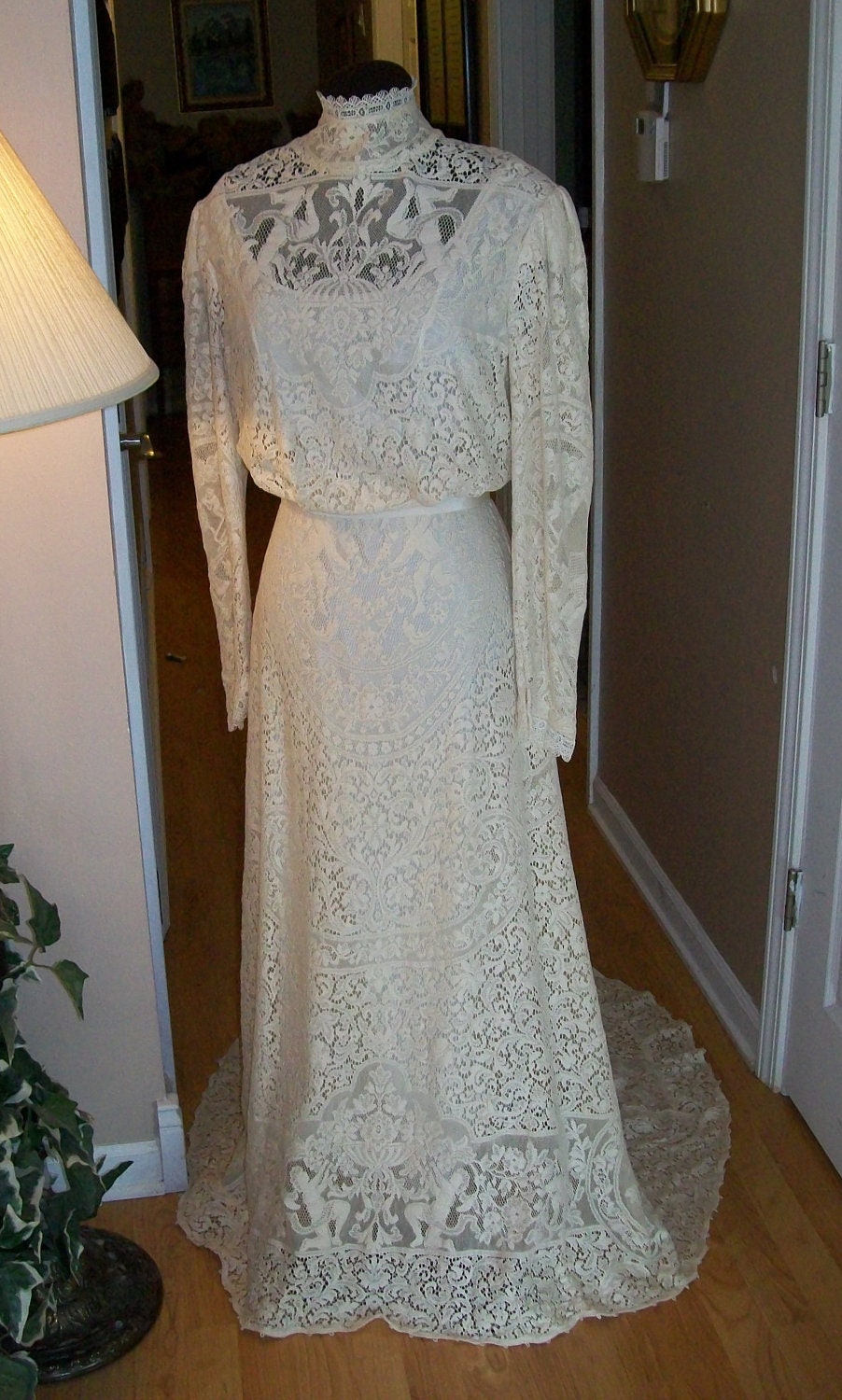 Custom Victorian Wedding Dress, Vintage Gibson Girl Style with Soft Ivory Antique Lace and Silk
