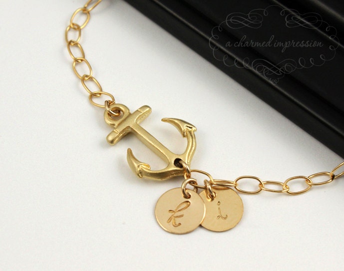 Gold Sideways Anchor Bracelet . Custom Initials . Personalized Anchor Bracelet . 14k Gold Disc. Gift of Strength,Love,Meaningful Jewelry