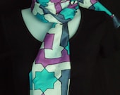 Handmade, hand painted long silk scarf - turquoise, magenta, navy blue and white mosaic