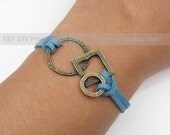 Charm Bracelet Leather Bracelet Antique Brass Geometric Figures on Thin Leather Cord Adjustable Bangle with Extension Chain Leather Bracelet