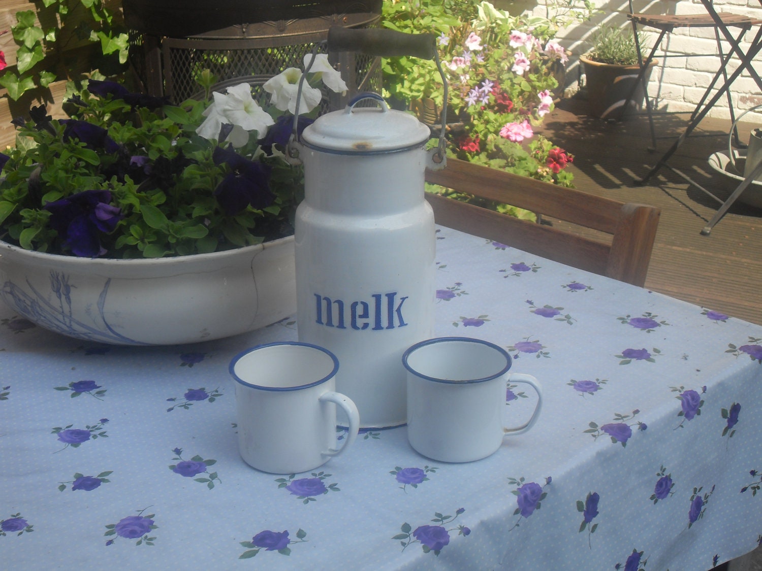 Kitchenalia - Retro Dutch Milk Jug and Two Enamel Mugs. Jug made in Holland.