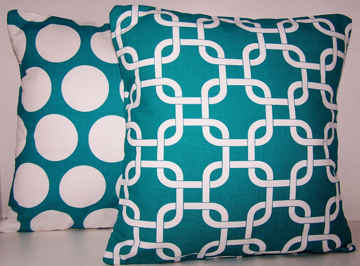 PILLOW COVER . Throw Pillow. Handmade Custom Modern Accent Pillows Two 18 x 18 Premiere Fabrics Turquoise White Dots Stripes Lattice
