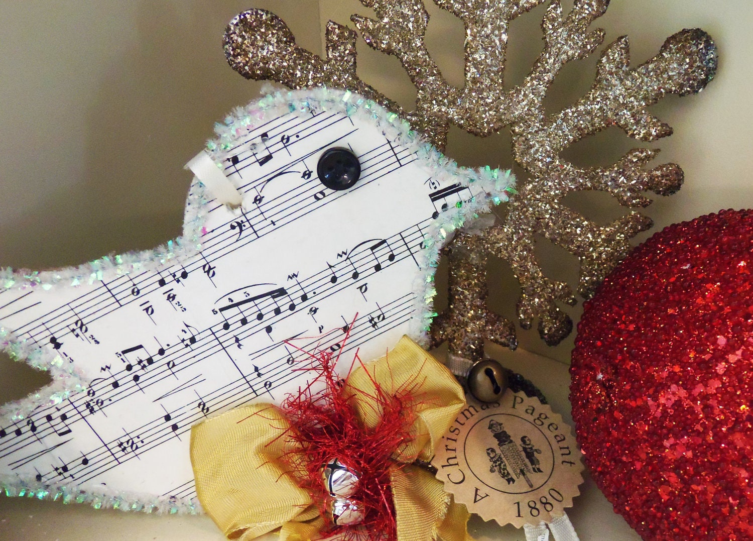 SALE Handmade Christmas Ornaments Trio Vintage Inspired Music Note Birds Tags Holiday Decor Gift Wrap by picadillymarket